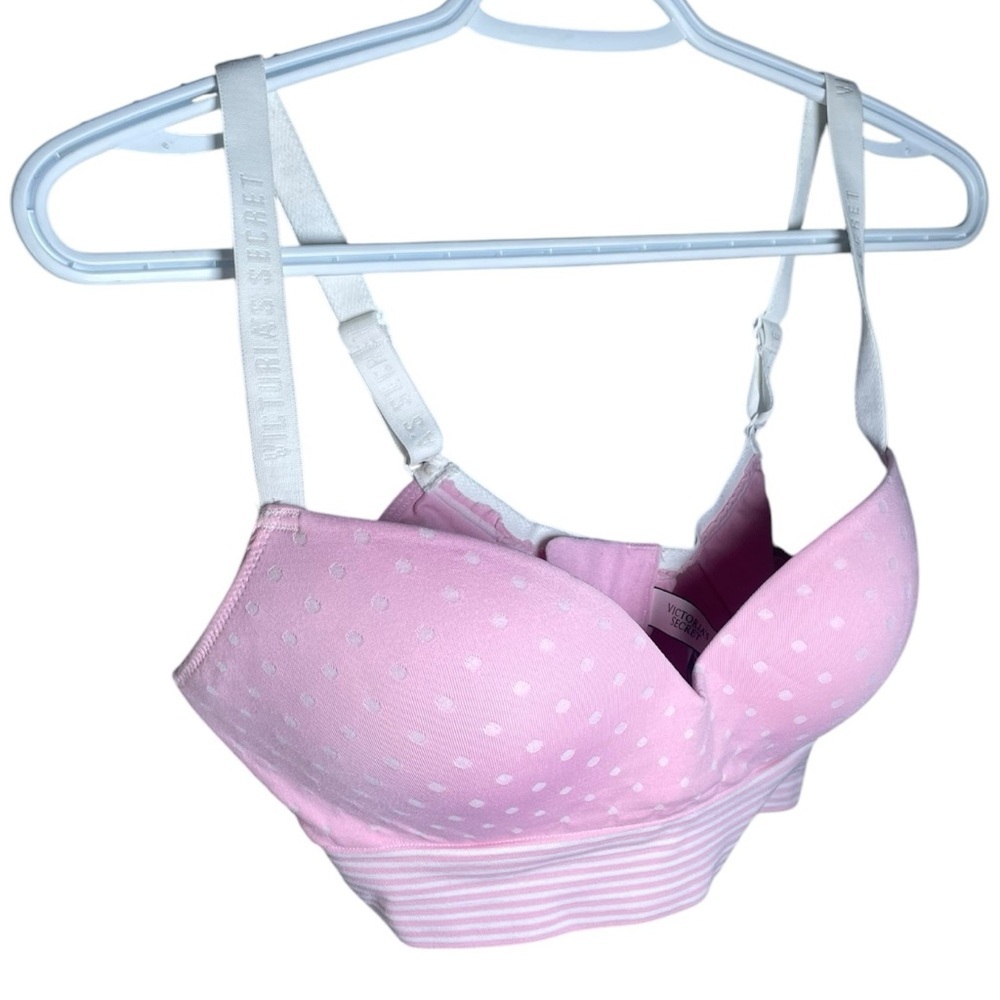 Victoria Secret Medium Bra Pink White Polka Dot Cute Stretch Bralette VS Push Up
